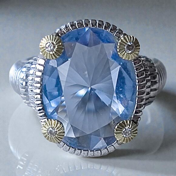 Judith Ripka 925 Silver Blue Quartz Diamond Ring 18k Gold Accent Cocktail - Picture 4 of 8